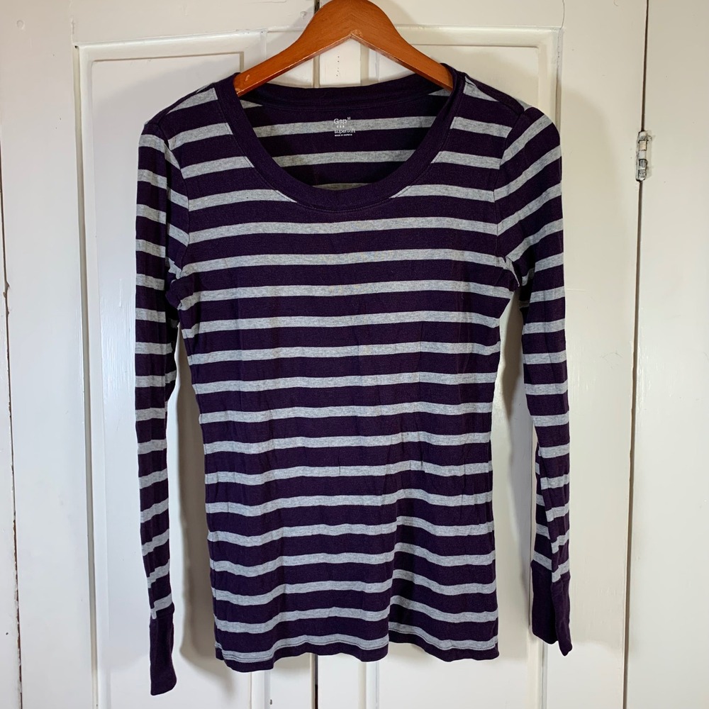 Gap Supersoft Long Sleeve Striped Tee Scoop Neck Slim Fit Womens M READ